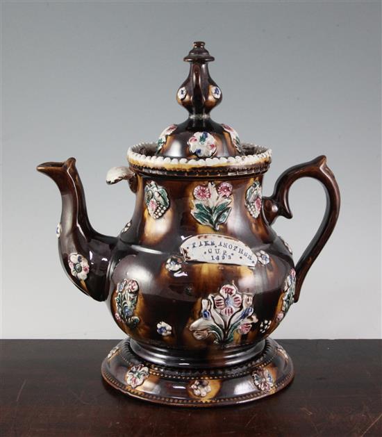 A late Victorian Meerschaum pottery Barge Ware teapot, cover and stand, 13.25in.